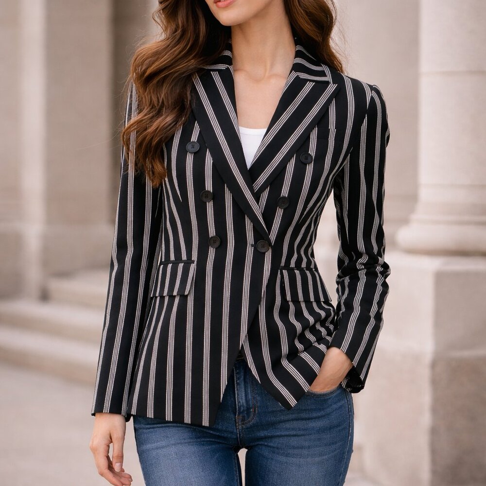 Veronica Beard Miller Pinstripe Black White Double Breasted Stripe Button Blazer
